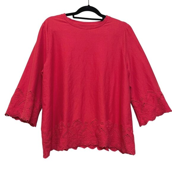 J. Jill Swing Top Red Laser Cut Lace 3/4 Sleeve 100% Cotton Knit Blouse Sz XL - Picture 3 of 13
